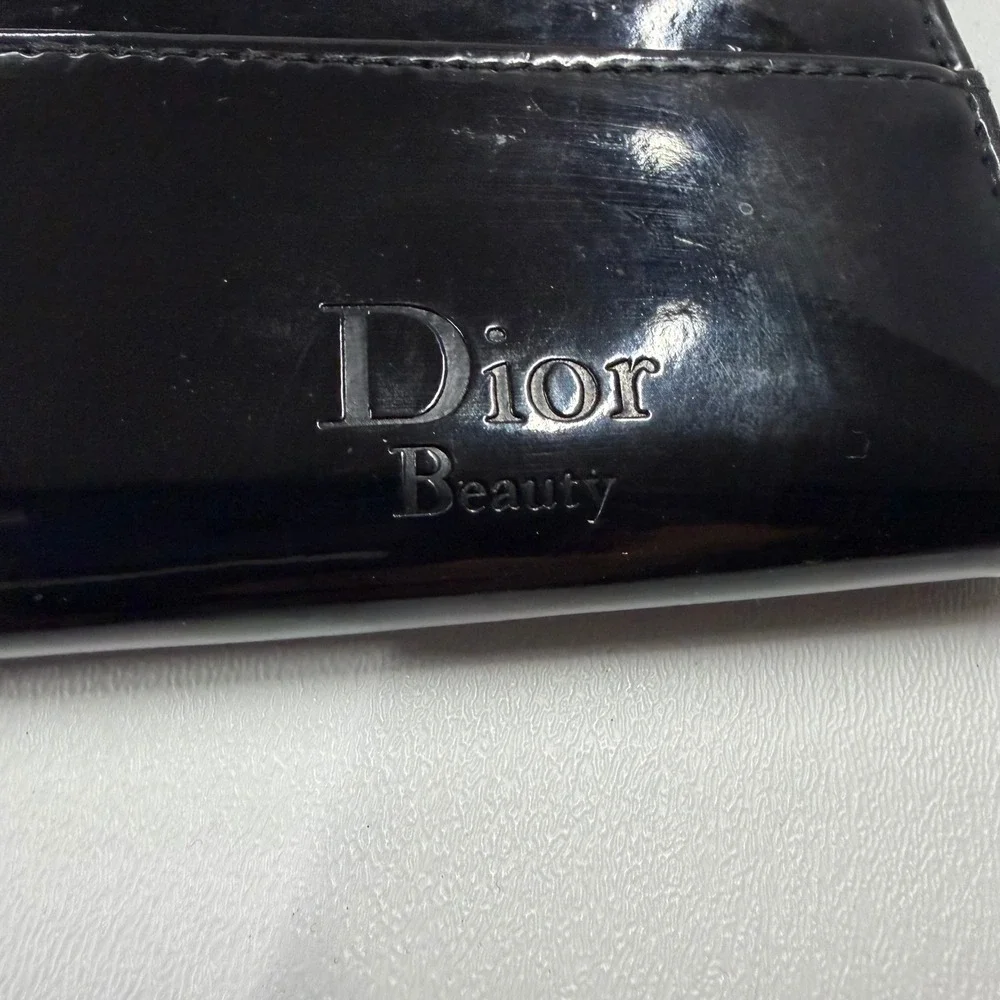 Dior Beauty Black Patent Zip Around Card Holder Wallet Silver Tone Logo